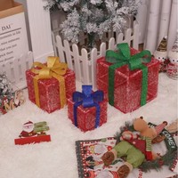 Ensemble de 3 boîtes cadeaux de Noël lumineuses, blanches, givrées, avec nœud rouge, ornements LED lumineux pour arbre, décoration de la maison, matériau PC, personnalisable