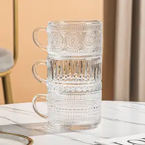 Tazze da caffè Vintage in vetro tazze da colazione trasparenti con manico tazze impilabili in vetro goffrato