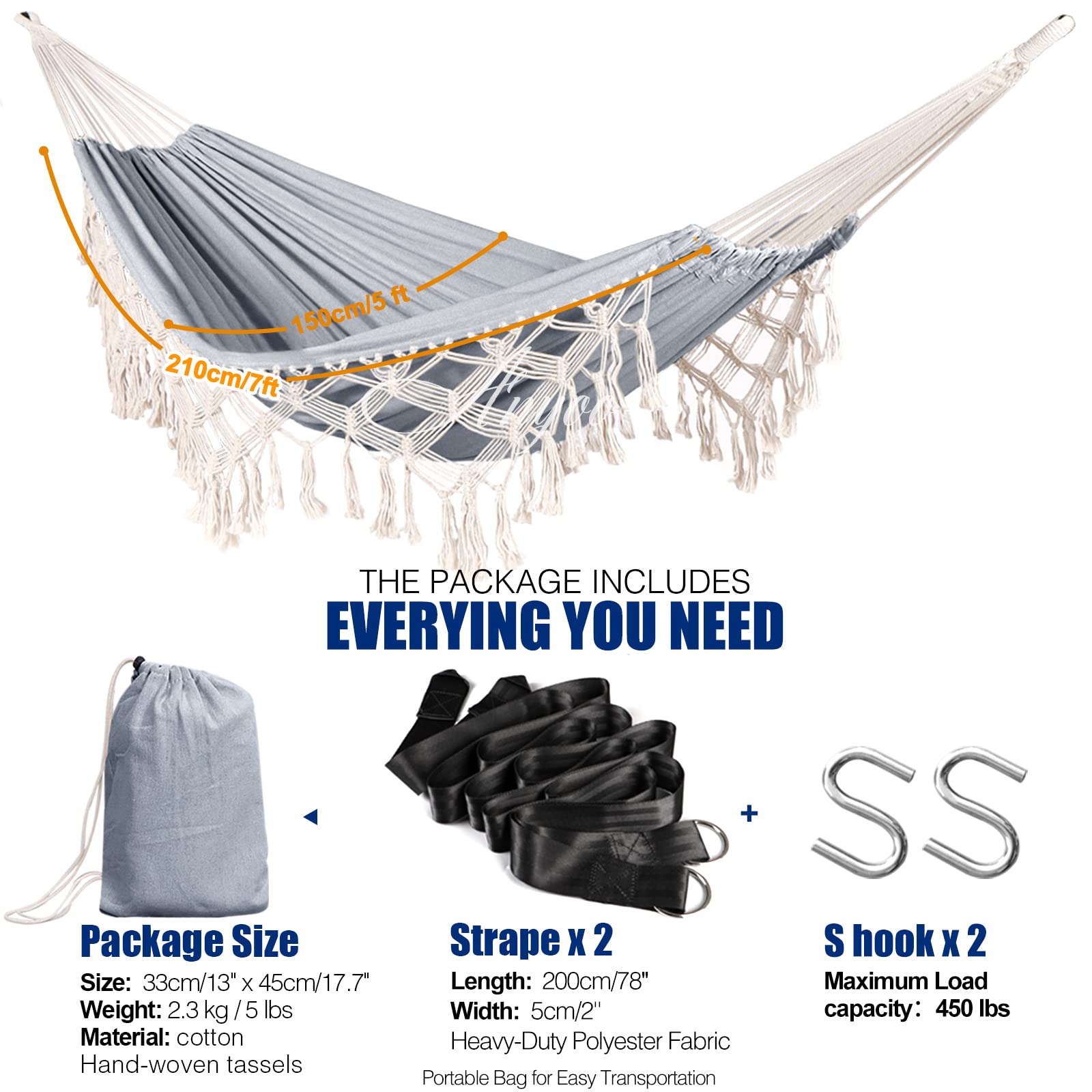 Hanging hammock bed with wood bar and accessory package for garden buyers