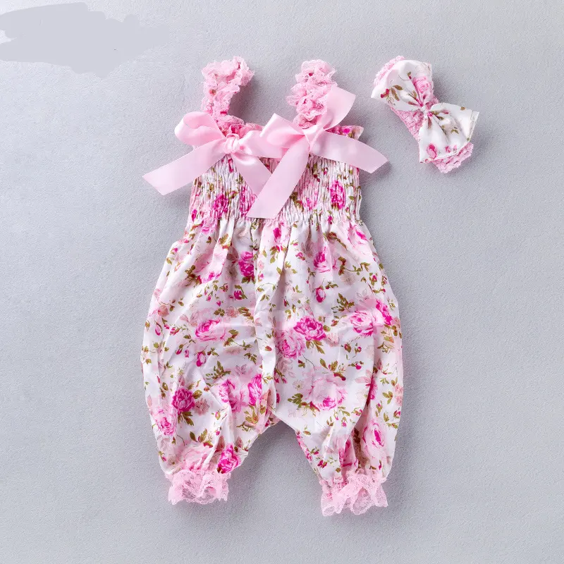 Großhandel Mädchen Stirnband Blumen druck Baby Kleidung Träger Jumps uit Long Climbing Kleidung Neugeborene Baby Stram pler