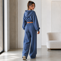 Conjunto de Dos Piezas de Marca Privada para Mujer: Sudadera Corta con Cremallera de Algodón y Felpa Azul Vaquero y Pantalones Deportivos de Pierna Ancha con Cordón