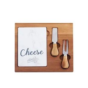 热卖相思木切奶酪板，带2把刀和白色大理石