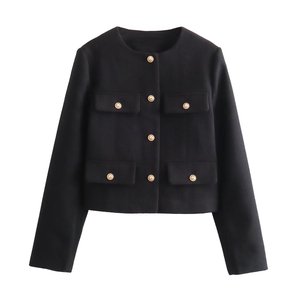 Fashonツイードジャケット女性用秋冬長袖シングルブレストクロップドコート女性用ソリッドOネックポケットアウタートップ - Product Image 6