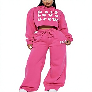 Ensemble jogging et sweat à capuche rose pour femme, manches longues, imprimé lettres, coupe ample, tenue décontractée deux pièces, toutes saisons - Product Image 1