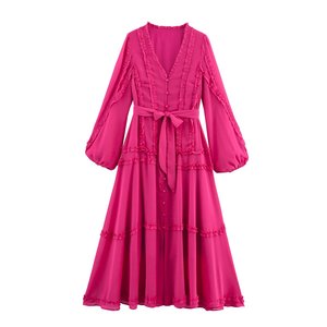 SHENZHU Abbigliamento Donna 2025 Nuovo Stile Estivo <span class=keywords><strong>Elegante</strong></span> <span class=keywords><strong>Abito</strong></span> Lungo in Chiffon con Pizzo e Scollo a V a Maniche Lunghe - Product Image 1