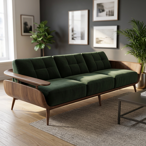 Sophisticated Green Velvet Three Seat <b>Sofa</b> with Natural <b>Wood</b> Textures and Minimalist Scandi-Modern Design - Product Image 2