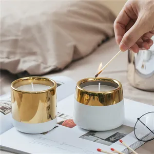 White Candle Jar Golden Electroplated Home Decor Candle Vessel Container Luxury Empty White And Gold Plated Ceramic Candle Jar With Gold Rim
