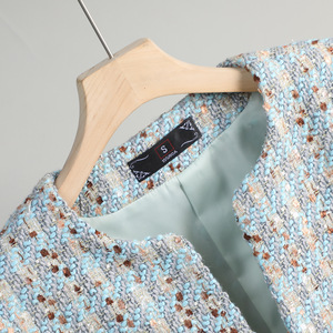 Women's Tweed Blazer Blue Gray Stripes Checks Anti-Wrinkle Spring Autumn 2025 European Style Coat - Product Image 4