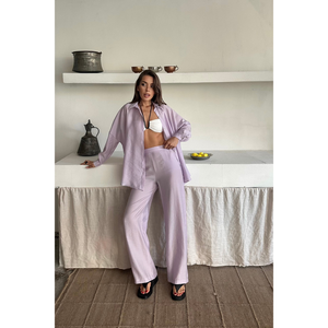 ชุดเซ็ต 2 ชิ้น สีม่วงไลแลค รุ่นใหม่ล่าสุด เสื้อถักสแปนเด็กซ์แบบสั้นและยาว พร้อมกางเกงขาสั้น ลายเรียบ สำหรับฤดูใบไม้ผลิ - Product Image 4