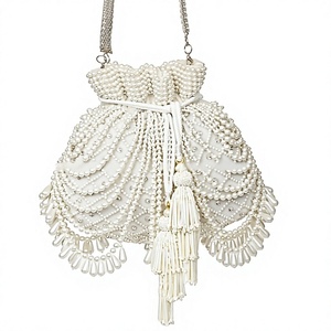 <b>White</b> Beaded Evening <b>Bag</b> With Tassels And Crystal Fringe Elegant Pearl Handbag <b>For</b> Party - Product Image 1