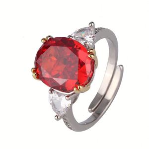 Fashion Jewelry Eco-friendly Copper Oval Cut 10*12MM Red Cubic Zirconia Womens Three Stone <b>Adjustable</b> <b>Ring</b> for Daily Wear - Product Image 1