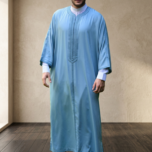 AL HIJRAH ABAYAS Handmade Premium Moroccan Embroidery Linen Anti-Wrinkle Long Sleeve <b>Men's</b> <b>Thobe</b> Traditional Muslim Clothing - Product Image 2
