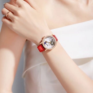 Montre mécanique pour femme, 43 mm, automatique, bracelet en cuir rouge, résistante à l'eau, design tendance - Product Image 2