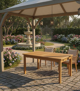Table rectangulaire en teck haut de gamme pour l'extérieur, conçue pour les jardins, patios et complexes hôteliers haut de gamme, avec une qualité durable et un design raffiné. - Product Image 3