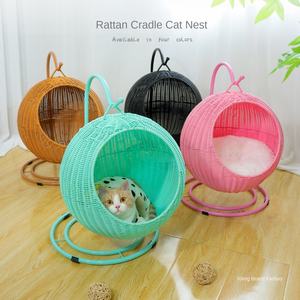 이동식 쿠션이있는 수제 천연 등나무 애완 동물 해먹 교수형 바구니 고양이 개를위한 친환경 쿨 - Product Image 4