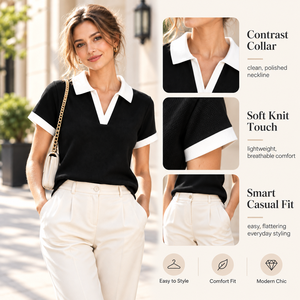 Custom <b>Women</b> Contrast Collar <b>Polo</b> Shirt Short Sleeve Ribbed Knit Slim Fit Cropped <b>Top</b> Black Color Block Casual Tee - Product Image 2