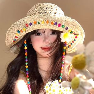 Rainbow Holiday Beaded <b>Straw</b> <b>Hat</b> Wide Brim Sun Protection Foldable Y2K Style For Women - Product Image 2
