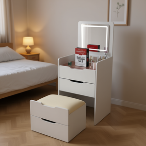 Tocador compacto de 3 cajones con espejo abatible y taburete acolchado para dormitorios pequeños, mesa de maquillaje moderna de MDF - Product Image 2