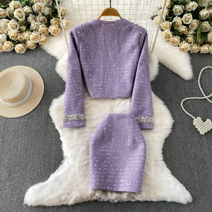 Ensemble deux pièces élégant pour <span class=keywords><strong>femme</strong></span>, veste à col rond ornée <span class=keywords><strong>de</strong></span> perles lourdes, jupe à sequins ajustée, <span class=keywords><strong>tenue</strong></span> <span class=keywords><strong>de</strong></span> soirée jeune et élégante - Product Image 6