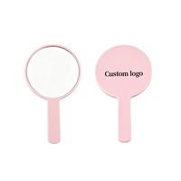 Miroir de maquillage rond haute définition pour femme, cadre en plastique, portable, avec poignée personnalisable, miroir de voyage compact, vente en gros