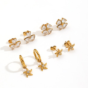 Pendientes de aro con circonita y baño de oro, diseño de flor y estrella, para mujer, joyería de fiesta, accesorio de moda - Product Image 3