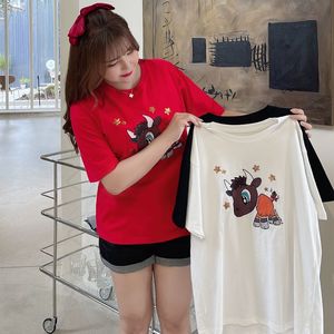 Nueva Camiseta de Manga Corta con Estampado de Dibujos Animados Lucky Calf para Mujer Talla Grande N7979 Blanca Negra Roja de Algodón Jersey para Adulto - Product Image 2