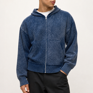 Cardigan Varsity Personnalisé pour Homme, Tricot <span class=keywords><strong>Bleu</strong></span> Délavé Vintage, Sweat à Capuche Entièrement Zippé, Cardigan Long en Tricot, Vente en Gros OEM - Product Image 1