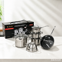 Ensemble de 12 ustensiles de cuisine en acier inoxydable avec bouilloire, fond composite 9 plis, casseroles, poêles, bouilloire, ensemble complet de cuisine, coffret cadeau