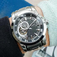 Montre mécanique automatique pour homme, design tendance, cadran squelette avec chiffres romains, étanche, acier inoxydable, montre-bracelet pour homme d'affaires
