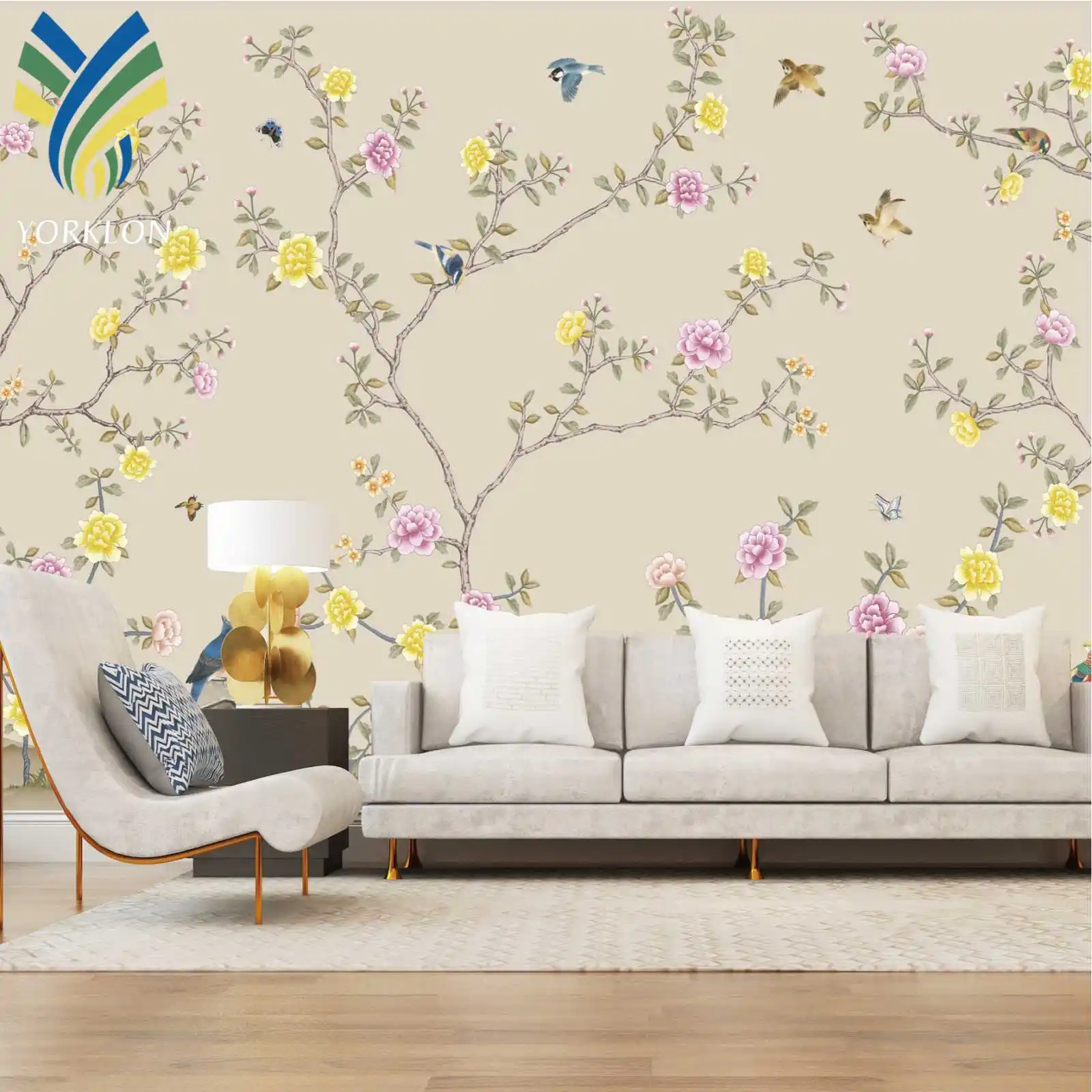 YKML 151 Custom Waterproof Chinoiserie Decor Silk Hand Painted 3D Blue Bird And Flower Gold Floral Cork Grass Mural Wallpaper