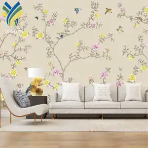 YKML 151 Custom Waterproof Wall Decor Silk Hand Painted 3D Bird And Flower Gold Floral Mural Chinoiseris Wallpaper