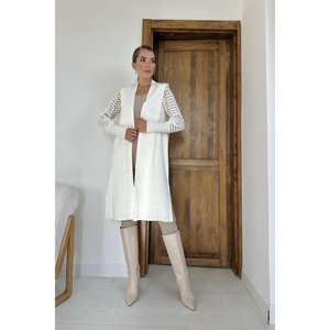 Cárdigan de Punto Ecológico para Mujer, Color Blanco Hueso, con Capa Transparente, Estilo Minimalista, Chaleco de Manga Larga, Color Crudo - Product Image 4