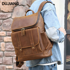 Dujiang Crazy Horse Leather <b>Backpack</b> Top Layer Cowhide Retro Laptop Bag Unisex Outdoor Travel <b>Backpack</b> - Product Image 1
