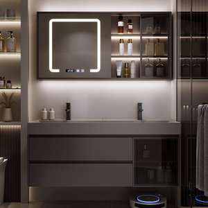 New modern smart storage <b>mirror</b> cabinet gray washbasin hot curved integrated basin defogger function - Product Image 4