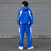 Conjunto Deportivo Azul Personalizado para Hombre, Chaqueta con Capucha y Cierre de Cremallera con Paneles en Contraste, Pantalones Deportivos, 100% Poliéster, Conjuntos Deportivos Casuales Estampados para Hombre