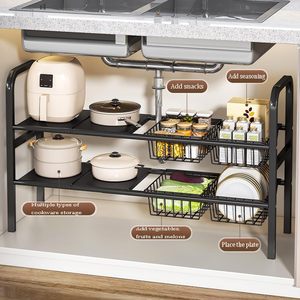 Organisateur d'évier de cuisine en métal à 2 niveaux, plateau de rangement extensible à longueur réglable, support autoportant à double niveau - Product Image 5