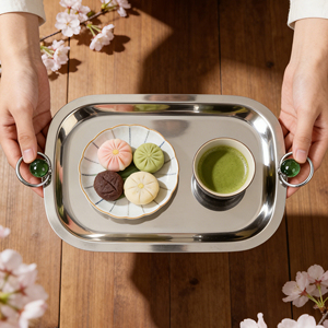 Plateau de service en <span class=keywords><strong>acier</strong></span> inoxydable poli miroir avec poignées en perles vertes - Plat rectangulaire élégant pour la maison et la restauration - Product Image 3