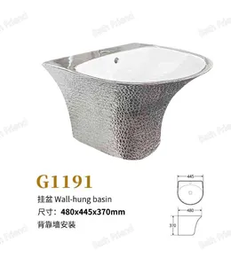 Lavabo de cerámica para pared de baño, lavamanos dorado de lujo de una pieza, Color negro y plateado, montado en la pared