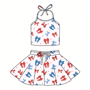 Conjunto Personalizado para Niñas del 4 de Julio, Top Halter con Lazos Rojos, Azules y Blancos y Falda, Ropa de Boutique para Niñas del 4 de Julio - Product Image 1