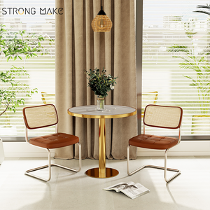 Mesa de Base de acero inoxidable para restaurante, mesa superior de mármol Artificial dorada para restaurante - Product Image 3