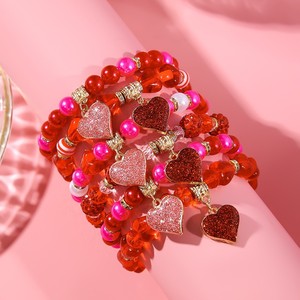 Valentine's Day Women's <b>Beaded</b> <b>Bracelet</b> Set Heart Shape Love Gift Jewelry Pink Red Charm <b>Bracelets</b> for Girls - Product Image 4
