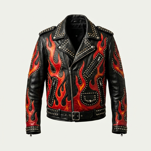 FURAT <b>LEATHERS</b> <b>Mens</b> Distressed <b>Leather</b> <b>Jacket</b> Handmade Biker Motorcycle Coat Fire Sleeve Stand Collar Front Logo Breathable - Product Image 1