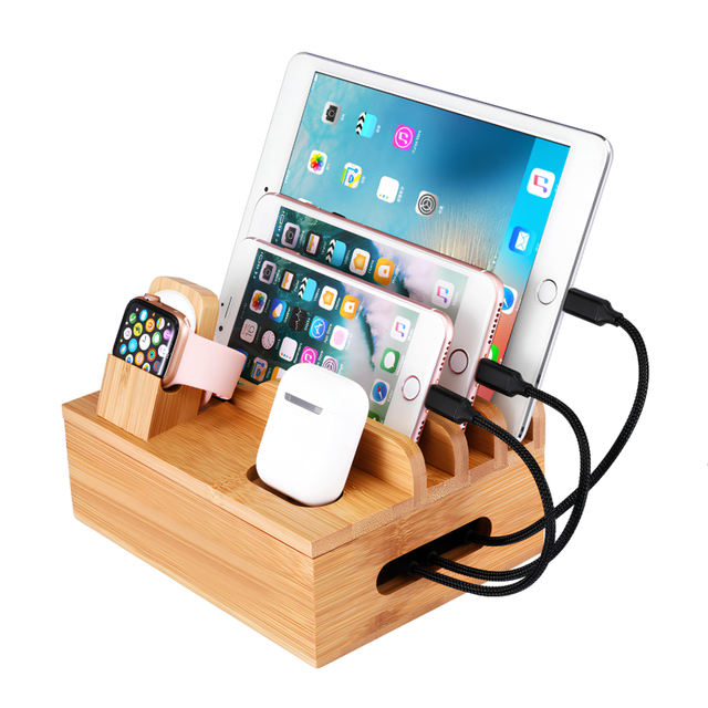 Bamboo Natural Color Desktop Multi-slot Phone Stand for Home and Office Use Charging Stations for Smart Phones and Tablets