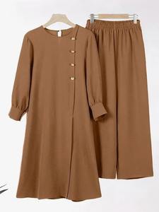 Ensemble Abaya Musulman Modeste Multiples Couleurs, Haut Détail Boutons et <span class=keywords><strong>Pantalon</strong></span> Large pour Femme - Product Image 5
