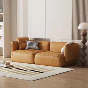 Three Seater <b>Cream</b> Leather <b>Sofa</b> Straight Square Shape Upholstered Foam Filling Modern Living Room Furniture - Product Image 2