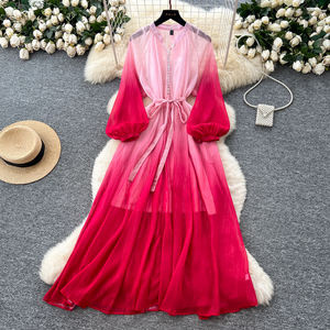 Tunique <span class=keywords><strong>romaine</strong></span> d'été Bandage Casual Midi Dress For Women Lantern Sleeve Empire Gradient Mesh Dress - Product Image 1