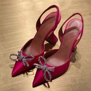 Women Satin High Kitten Heels Sandals Summer Pointed Toe Back Strap <b>Shoes</b> Bling Rhinestone Bow Dress Stiletto Slingback - Product Image 1