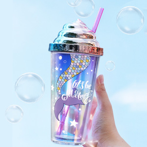 Gobelet isotherme réutilisable en plastique à double paroi avec paille, motif sirène, logo personnalisé, 420 ml, pour le <span class=keywords><strong>camping</strong></span> - Product Image 4