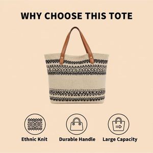 Sac fourre-tout décontracté grande capacité pour femme, style rétro français, rayures horizontales, en coton tissé, avec poignées en faux bambou et protection RFID - Product Image 1
