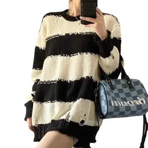 Wholesale Custom Winter Fall Warm Sexy Round Neck Pullover Knitted Tops Striped Vintage Ladies Sweater